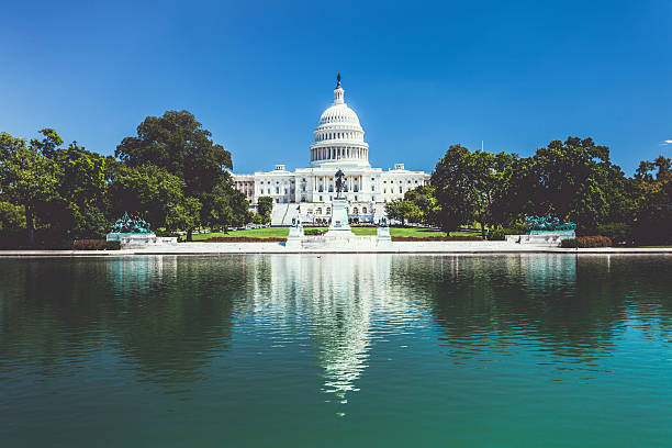The illuminated United States Capitol in Washington DC at twilight with the famous reflection pool