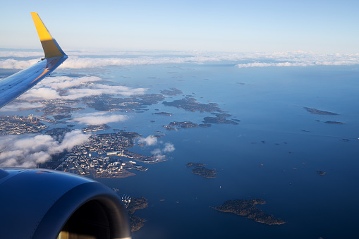 Helsinki Seaport and the Gulf of Finland from an airplane window during takeoff