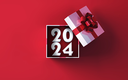 3d Render 2024 New Year Coming Out of White Gift Box Tied with Red Ribbon, Sitting on Red Ground, Can be used for new year, valentine's day, happy birthday concepts. (Close-up)