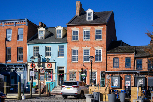 Baltimore, Maryland - December 12, 2023: Colorful row houses in Fells Point along the waterfront