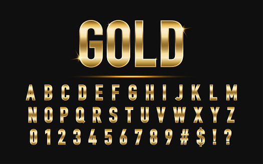 3D Gold Alphabet Letters with Numbers and Symbols 3D Font golden alphabets letters. metal typeface isolated on transparent background. Art design luxury metallic typographic abc. Vector illustration