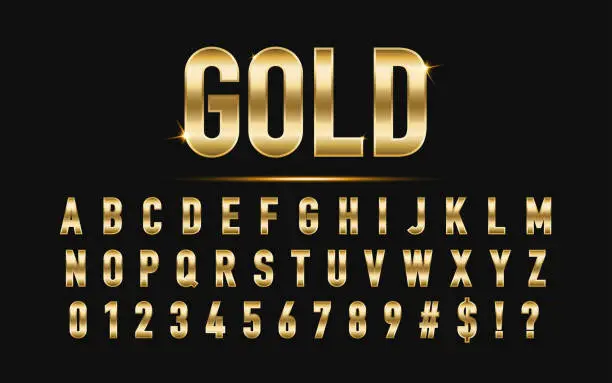 Vector illustration of 3D Gold Alphabet Letters with Numbers and Symbols 3D Font golden alphabets letters. metal typeface isolated on transparent background. Art design luxury metallic typographic abc. Vector illustration