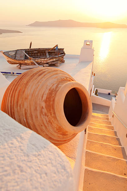 Old boat on the roof of a private villa in Firostefani, Santorini