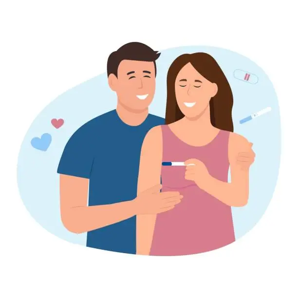 Vector illustration of happy young couple with positive pregnancy test result.