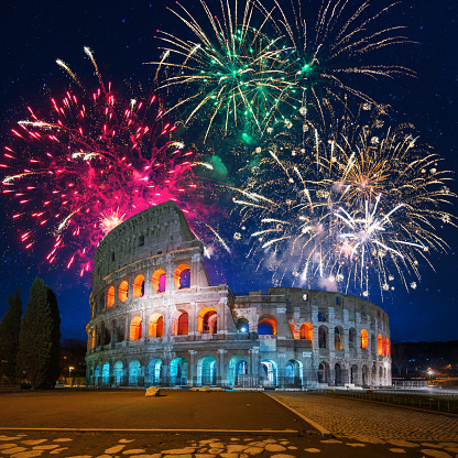 Fireworks display over the Colosseum in Rome, Italy
