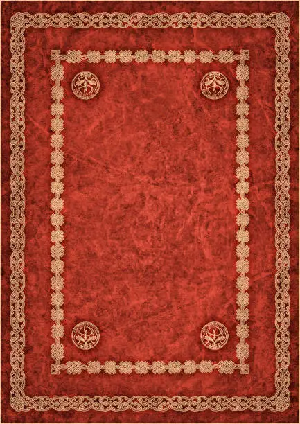 This High Resolution Old Dark Maroon Red Animal Skin Parchment Vignette Grunge Texture, with Medieval, Arabesque Gilded Decorative Border, is defined with exceptional details and richness, and represents the excellent choice for implementation within various CG Projects. 