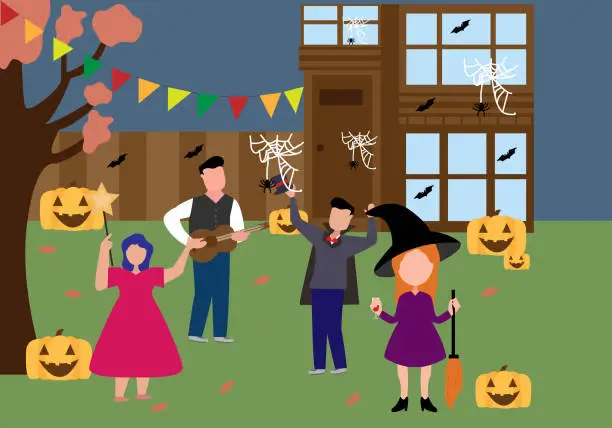 Vector illustration of People celebrate Halloween night and wearing fancy costumes. Trick Or Treat.