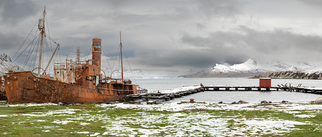 In a panorama of the bay and abandoned whaling ship rusts on the shore of the whaling station at Grytviken, South Georgia