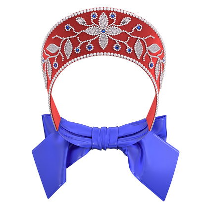Russian national headdress kokoshnik. Isolated decoration from a frontal angle. Materials: red velvet, pearls and blue cabochon. 3d rendering.