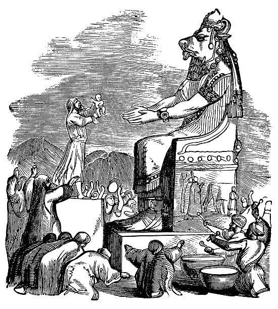 The God Moloch Engraving From 1873 Featuring Ancient God, Moloch And A Child Sacrifice. moloch god stock illustrations