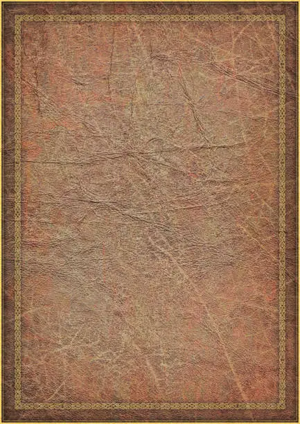 This High Resolution Old Animal Skin Parchment Vignette Grunge Texture, with Medieval Arabesque Gilded Decorative Border, is defined with exceptional details and richness, and represents the excellent choice for implementation within various CG Projects. 