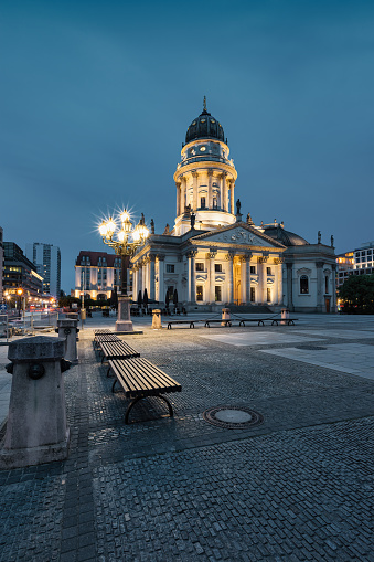 Gendarmenmarkt town square in downtown Berlin, Germany with the German Cathedral in the background.