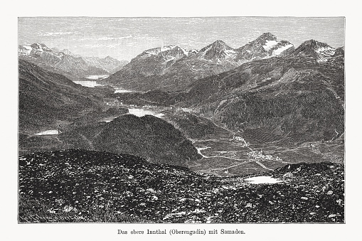 Historical view of the upper Inn Valley (Upper Engadine) with Samedan (officially Samaden until 1943) - a village in the Maloja region of the Swiss canton of Graubünden. Wood engraving after a photograph, published in 1894.