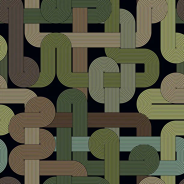 Vector illustration of Seamless geometric pattern. Multicolored labyrinth with interlaced striped lines in black, green, and brown. Vector illustration.