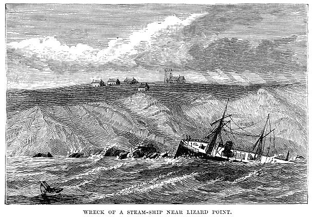 Wreak of a Steamship Vintage engraving showing the Wreak of a Steamship near Lizard Point, Cronwall, England  1878 sinking ship pictures pictures stock illustrations