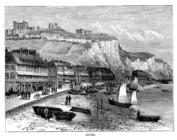 Dover in the 19th Century Vintage engraving showing Dover a town and major ferry port in the home county of Kent, in South East England. ,  1878 north downs stock illustrations