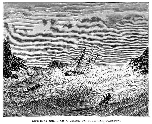 Lifeboat going out Vintage engraving showing a lifeboat going to a wreak on Doom Bar, Padstow, Cronwall, England. 1878 sinking ship pictures pictures stock illustrations