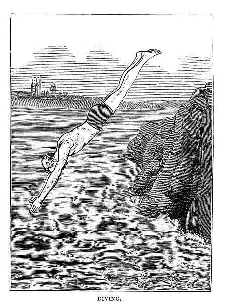 Victorian Diving Vintage engraving showing a victorian man diving into the sea 1878 cliff jumping stock illustrations