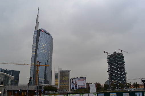 Milan,Italy - April 11, 2013: Panoramic view of financial, commercial and residential urban Porta Nuova district of the Milan City in  a cloudy spring day at sunset.