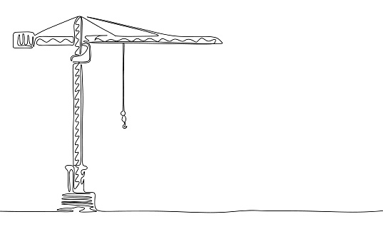 Tower crane one line continuous line. Outline line art tower crane. Hand drawn vector art.