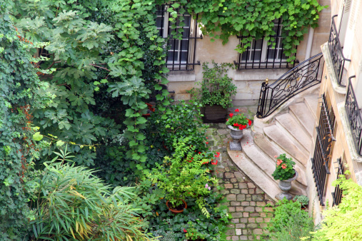 An elegant courtyard in Paris. 