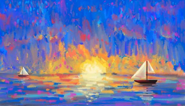 istock Yacht ship floating on sea at sunrise. Impressionism digital landscape painted background 1870324058