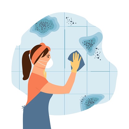Woman  in a respiratory safety mask cleans dirty wall in bathroom with rag. Toxic mold spores, health hazard. Humidity in the bathroom. Means for removing fungi and bacteria. Flat vector illustration.