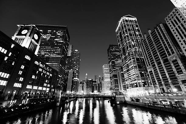 istock Night Cityscape, Chicago. Black And White 187032595