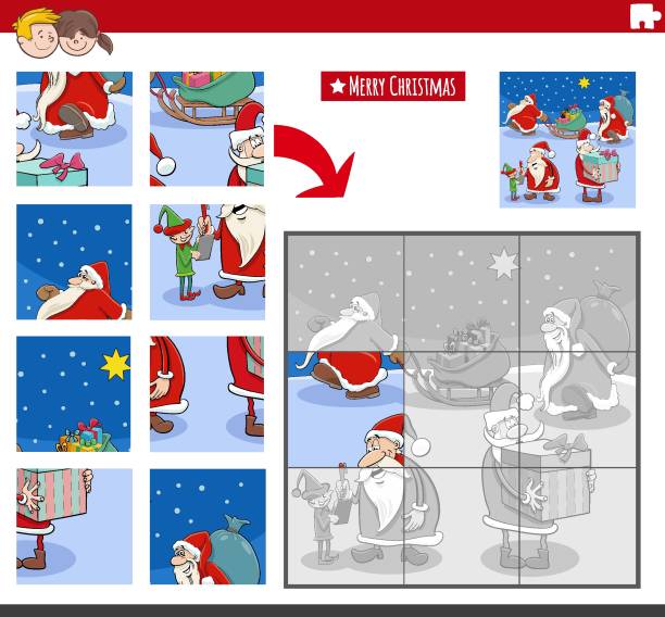 ilustrações, clipart, desenhos animados e ícones de jogo de quebra-cabeça com papai noel no natal - design month part of puzzle