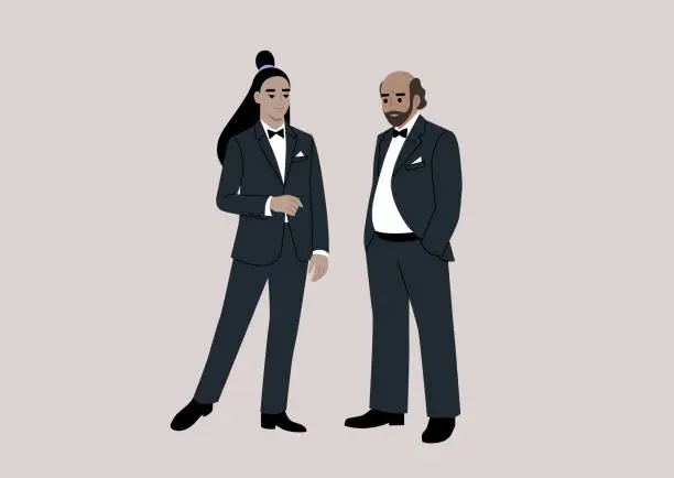 Vector illustration of Two impeccably dressed characters engage in conversation at a black-tie event, donning elegant tuxedos