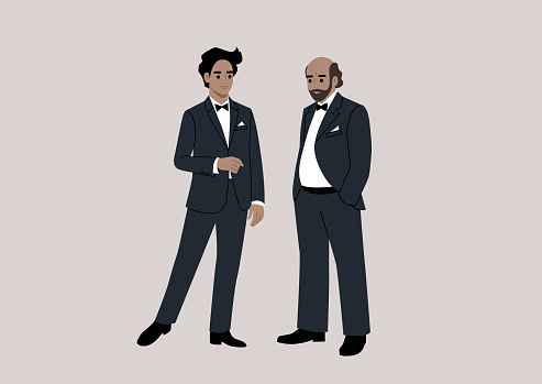 Two impeccably dressed characters engage in conversation at a black-tie event, donning elegant tuxedos