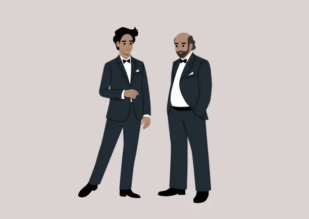 Vector illustration of Two impeccably dressed characters engage in conversation at a black-tie event, donning elegant tuxedos