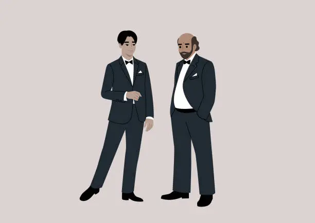 Vector illustration of Two impeccably dressed characters engage in conversation at a black-tie event, donning elegant tuxedos