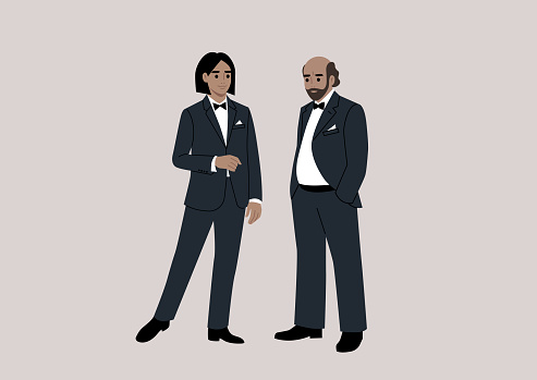 Two impeccably dressed characters engage in conversation at a black-tie event, donning elegant tuxedos