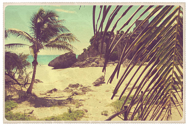 Tulum, Mexico Beach - Vintage Postcard Retro-styled postcard of a beachfront in Tulum, Mexico. In the distance is an ancient Mayan fertility temple -- all artwork is my own. For hundreds of similar vintage postcards from around the world, click the banner below. frond photos stock pictures, royalty-free photos & images