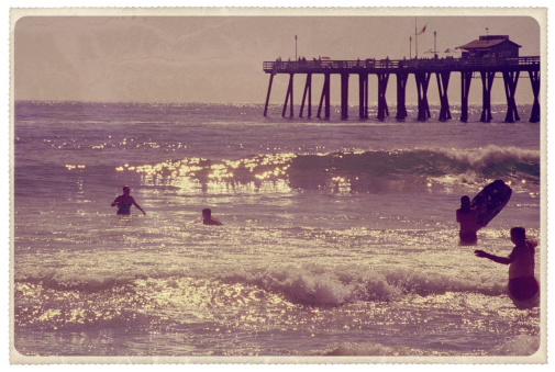 Retro-styled postcard of the pier at Newport Beach, California -- all artwork is my own...For hundreds of similar vintage postcards from around the world, click the banner below.