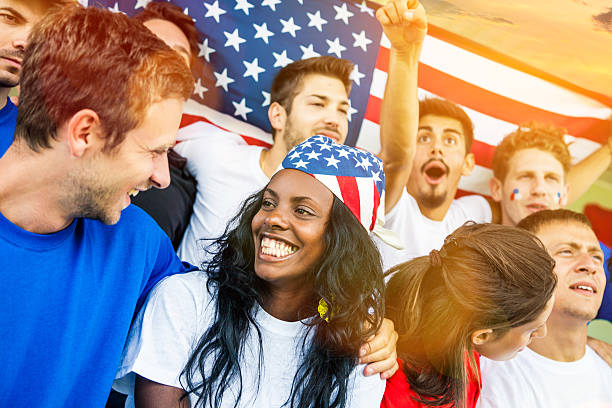 istock Group of happy USA supporters 187035204