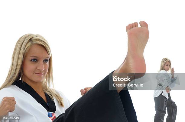 Kick And Block Stock Photo - Download Image Now - Barefoot, Black Belt, Blocking - Sports Activity