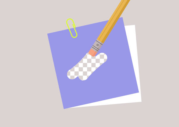 ilustrações, clipart, desenhos animados e ícones de a borracha de lápis exclui informações, tornando transparente a superfície em que foi escrita, como uma camada vazia em um programa de editor gráfico - eraser pencil mistake adjusting