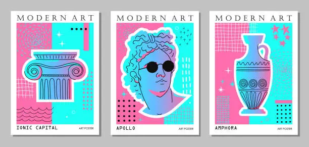 Vector illustration of Modern posters with Greek sculpture, capital, amphora and abstract elements. Antique sculpture of the head of Apollo wearing glasses in a modern style. Pink and blue color. Vector illustration.