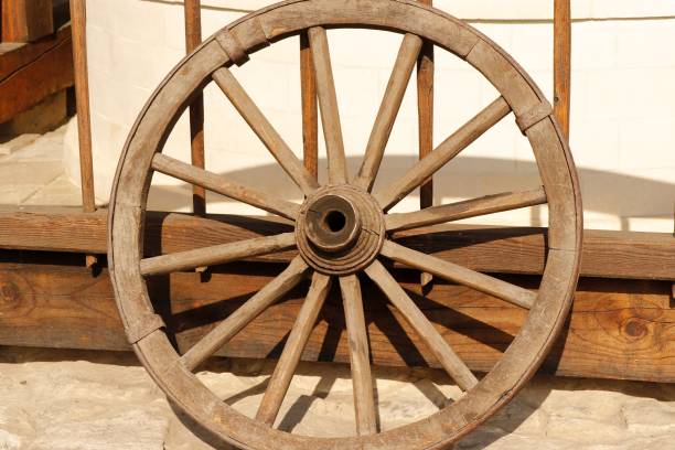 istock Old wooden hand-wrought cart wheel. 1870361054