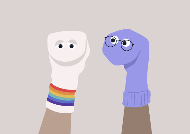 ilustrações de stock, clip art, desenhos animados e ícones de in a psychotherapy session, an upset queer patient finding solace in expressing emotions through sock puppets, aiding in communication and processing feelings - solace