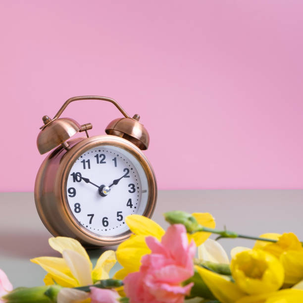 istock Alarm clock with spring flowers on color background. Spring time, daylight savings concept, spring forward. Copy space. 1870367470