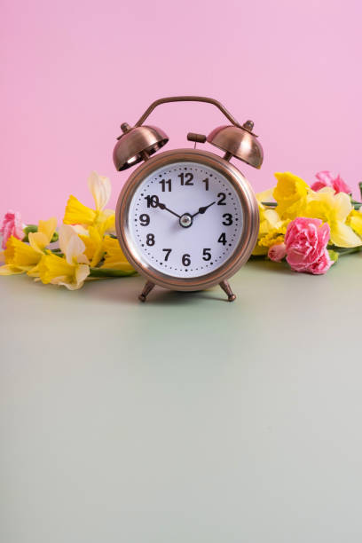 istock Alarm clock with spring flowers and copy space. Spring time, daylight savings concept, spring forward 1870367484