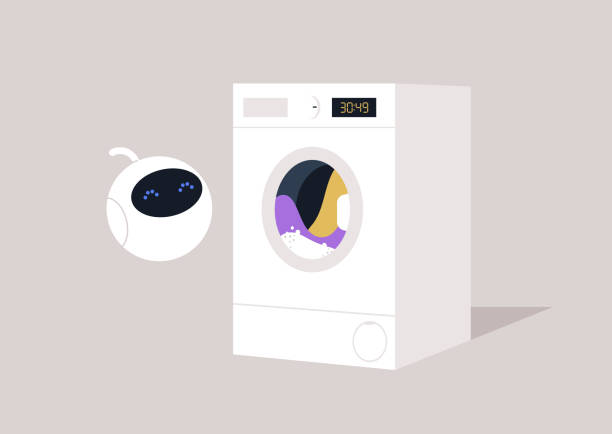 Futuristic household chores concept, a cute white robot waiting for the laundry to finish the washing cycle Futuristic household chores concept, a cute white robot waiting for the laundry to finish the washing cycle laundromat waiting stock illustrations