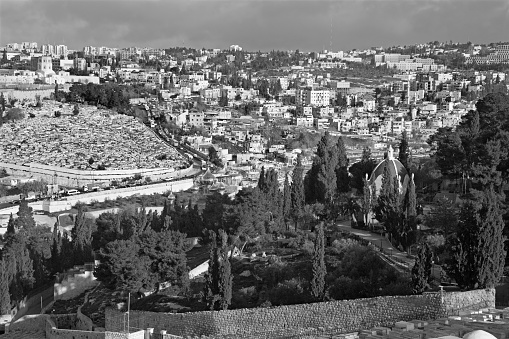Jerusalem - Outlook from Mount of Olives to Hl. Mary of Magdalene Russian orthodox church in morning light