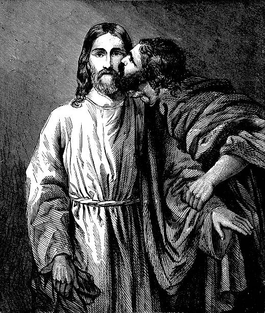 Judas And Jesus Engraving From 1873 Featuring Judas Kissing Jesus On The Cheek. judas stock illustrations