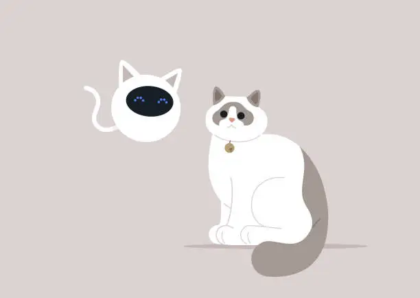 Vector illustration of A ragdoll cat intrigued by a robotic feline