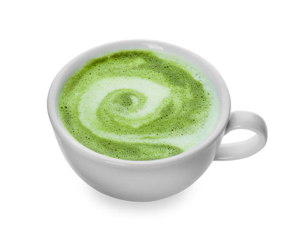 istock Delicious matcha latte in cup on white background 1870382193