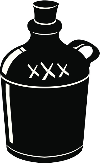 A vector illustration of a traditional moonshine alcohol bottle with triple X sign and a cork.